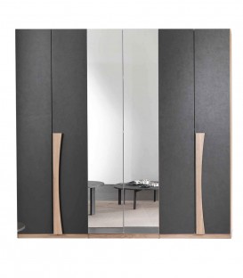 Armadio Lucrezia in legno 6 ante battenti con specchio Grigio e Noce