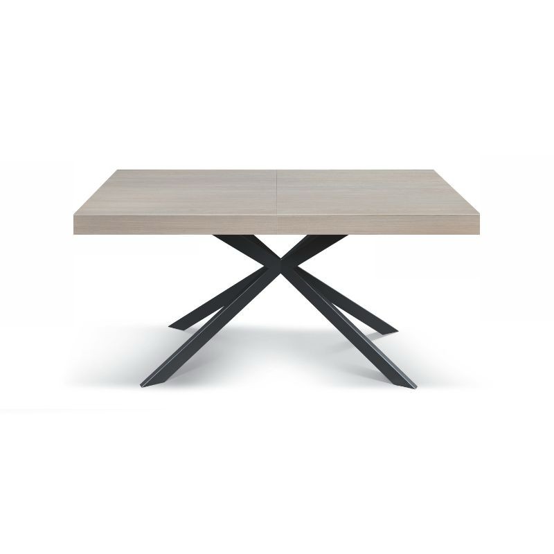 Tavolo Base in metallo colore Nero, Piano Finitura Olmo perla con 2 allunghe