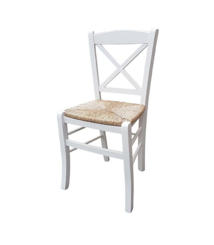 Sedia in legno massello modello Croce Seduta Paglia Bianco