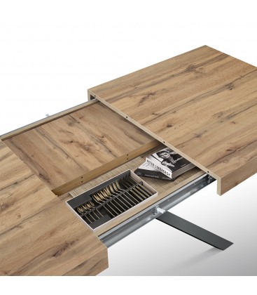 Tavolo Base in Metallo Nero e Piano Finitura Rovere Nodato con 2 allunghe