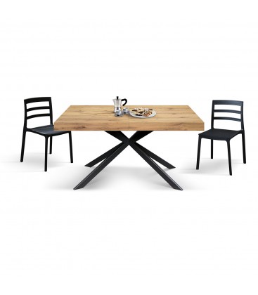 Tavolo Base in metallo colore Nero, Piano Finitura Olmo perla con 2 allunghe