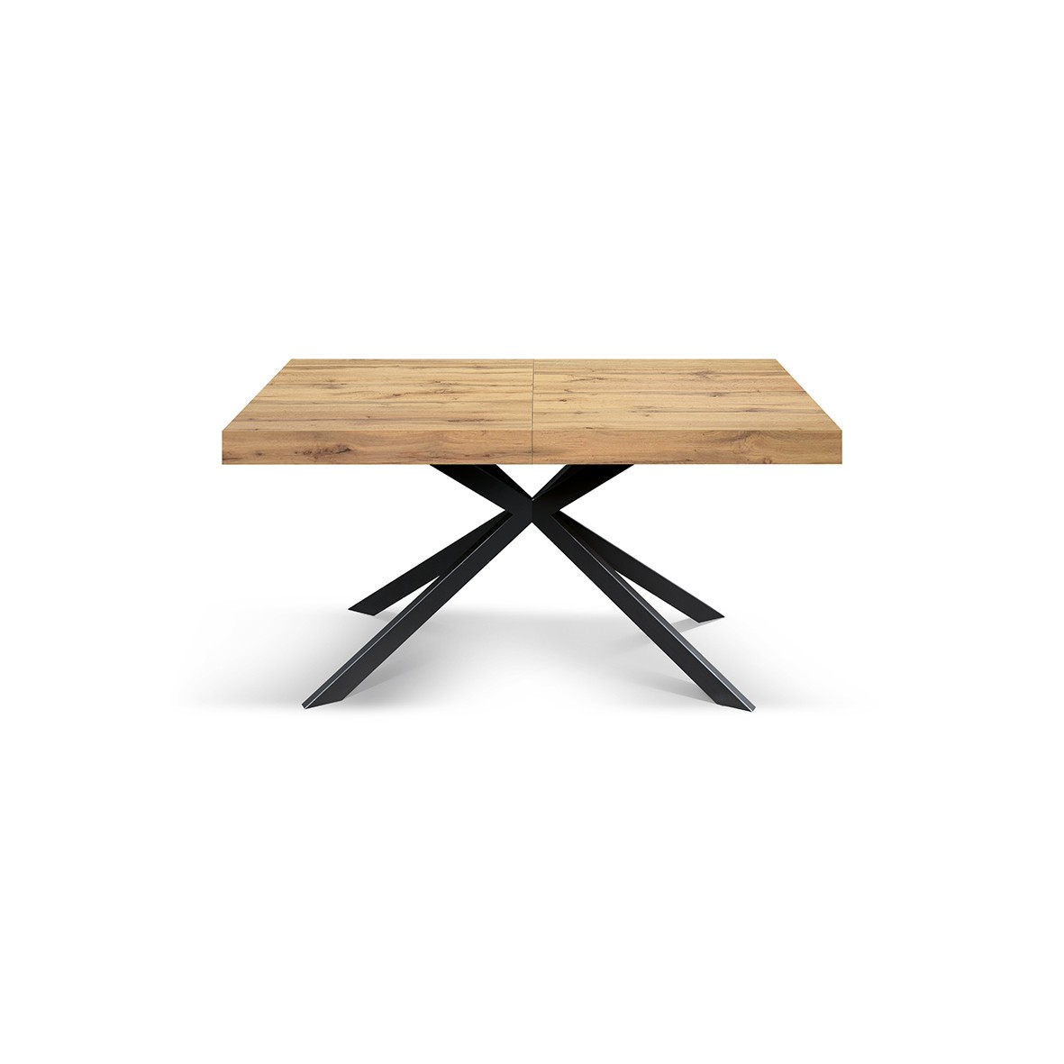 Tavolo Base in Metallo Nero e Piano Finitura Rovere Nodato con 2 allunghe