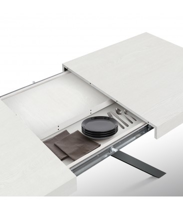 Tavolo Base in Metallo Nero e Piano Finitura Bianco Frassinato con 2 allunghe
