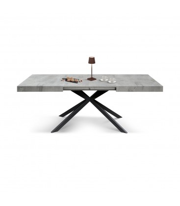 Tavolo Base in Metallo Nero e Piano Finitura Grigio Cemento con 2 allunghe