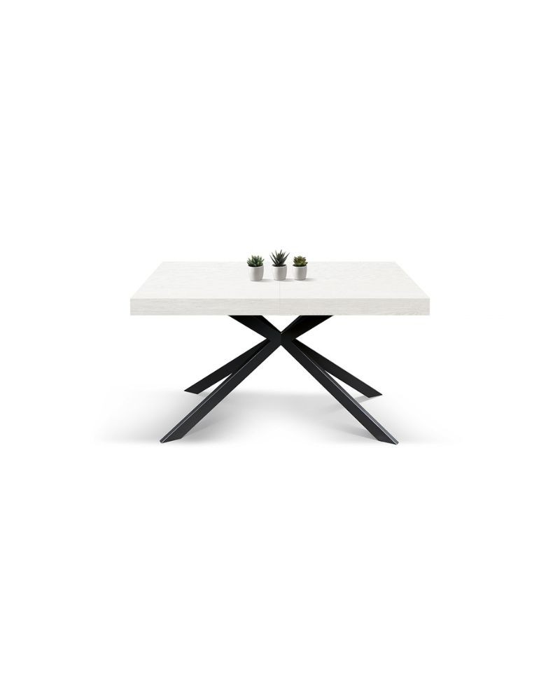 Tavolo Base in metallo colore Nero, Piano Finitura Olmo perla con 2 allunghe