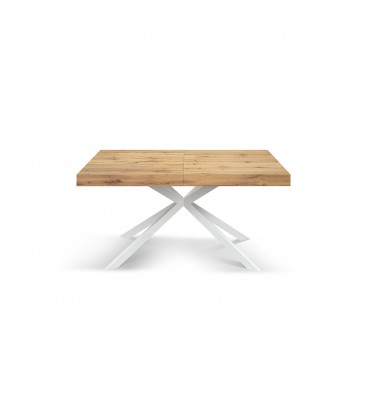 Tavolo Base in Metallo Bianco e Piano Finitura Rovere Nodato con 2 allunghe