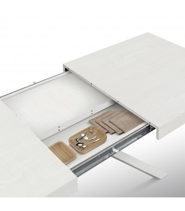 Tavolo Base in Metallo Bianco e Piano Finitura Bianco Frassinato con 2 allunghe