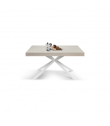 Tavolo Base in Metallo Bianco e Piano Finitura olmo con 2 allunghe