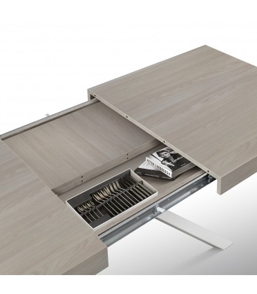 Tavolo Base in metallo colore Nero, Piano Finitura Olmo perla con 2 allunghe