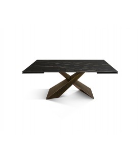 Tavolo Allungabile con Base in Metallo Bronzo e Piano in Ceramica Nero Opaco
