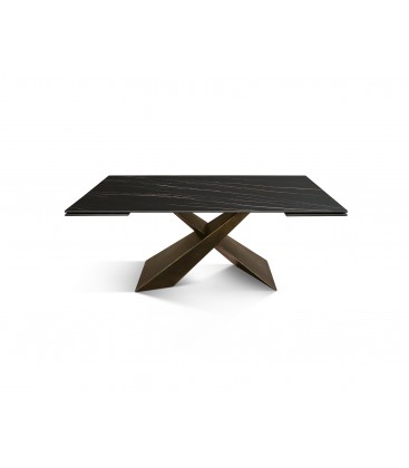Tavolo Allungabile con Base in Metallo Bronzo e Piano in Ceramica Nero Opaco