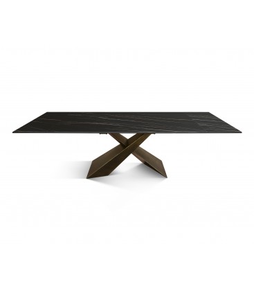 Tavolo Allungabile con Base in Metallo Bronzo e Piano in Ceramica Nero Opaco