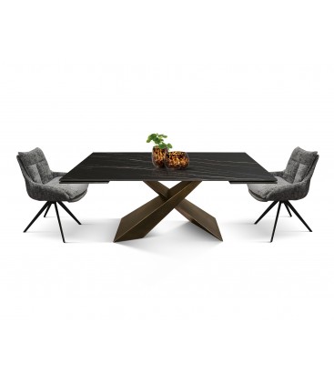 Tavolo Allungabile con Base in Metallo Bronzo e Piano in Ceramica Nero Opaco