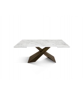 Tavolo Allungabile con Base in Metallo Bronzo e Piano in Ceramica Bianco Arabesco