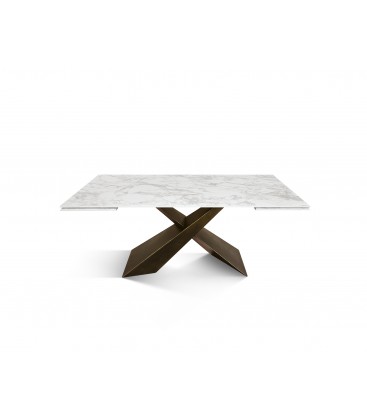 Tavolo Allungabile con Base in Metallo Bronzo e Piano in Ceramica Bianco Arabesco