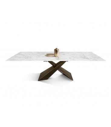 Tavolo Allungabile con Base in Metallo Bronzo e Piano in Ceramica Bianco Arabesco