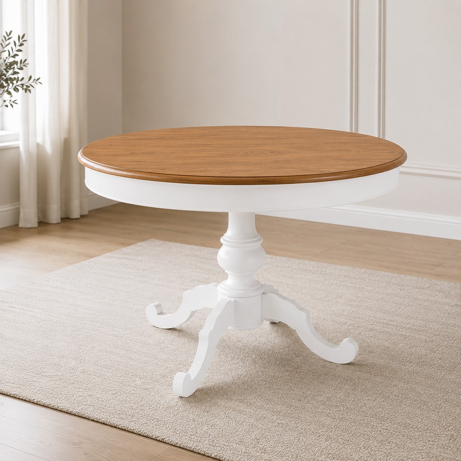 Tavolo rotondo Camelia allungabile bianco con piano rovere patinato
