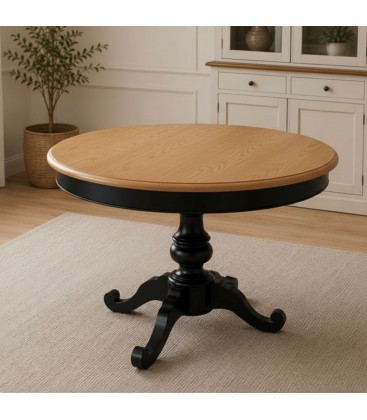 Tavolo rotondo allungabile Camelia nero con piano rovere patinato