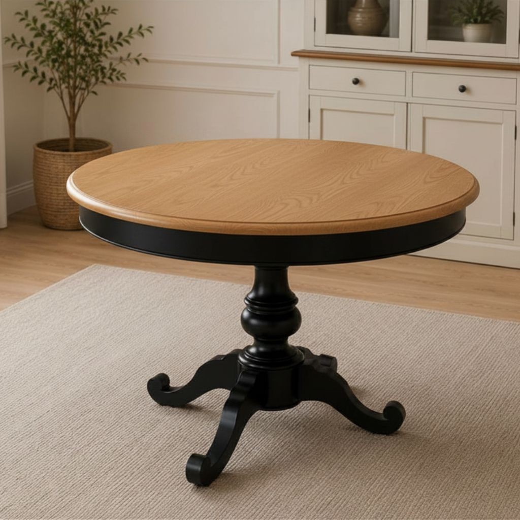 Tavolo rotondo allungabile Camelia nero con piano rovere patinato