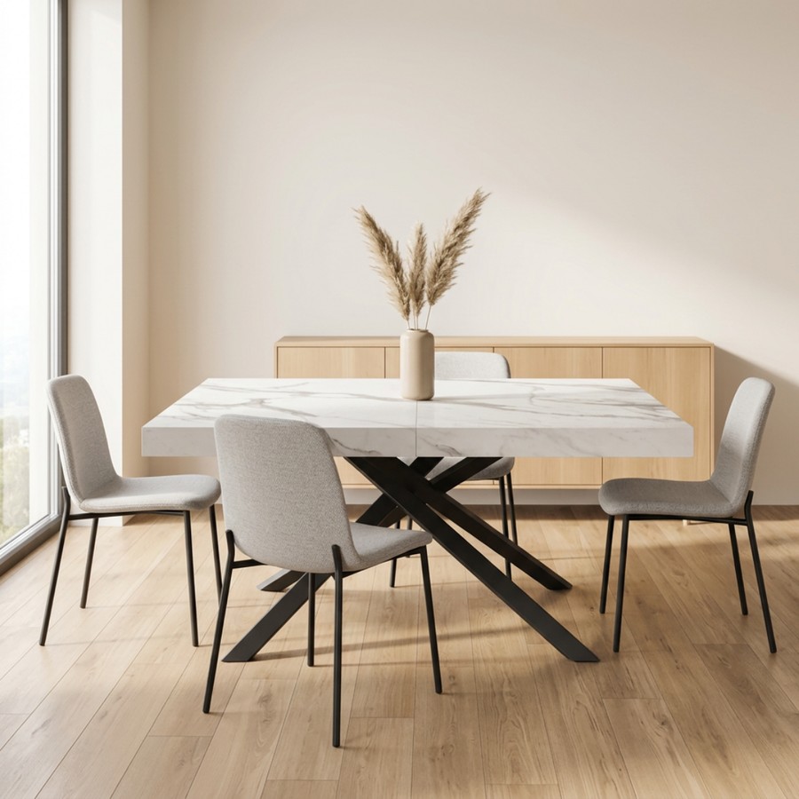 Tavolo allungabile Vulcano 140/180/220 cm effetto Marmo Statuario con base in metallo nero