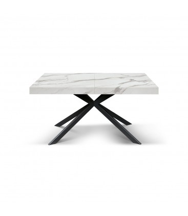 Tavolo allungabile Vulcano 140/180/220 cm effetto Marmo Statuario con base in metallo bianco