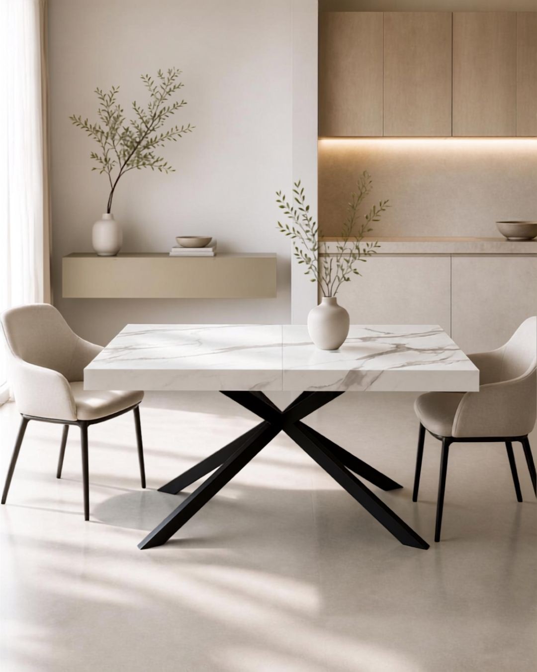Tavolo allungabile Vulcano 140/180/220 cm effetto Marmo Statuario con base in metallo bianco