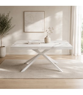 Tavolo allungabile Etna 140/180/220 cm effetto Marmo Statuario con base in metallo Bianco