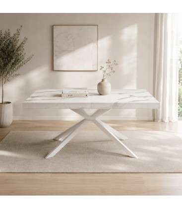 Tavolo allungabile Etna 140/180/220 cm effetto Marmo Statuario con base in metallo Bianco