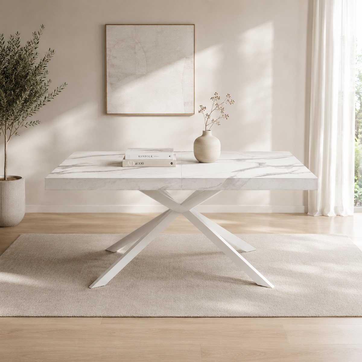 Tavolo allungabile Etna 140/180/220 cm effetto Marmo Statuario con base in metallo Bianco