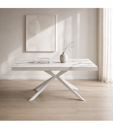 Tavolo allungabile Etna 140/180/220 cm effetto Marmo Statuario con base in metallo Bianco