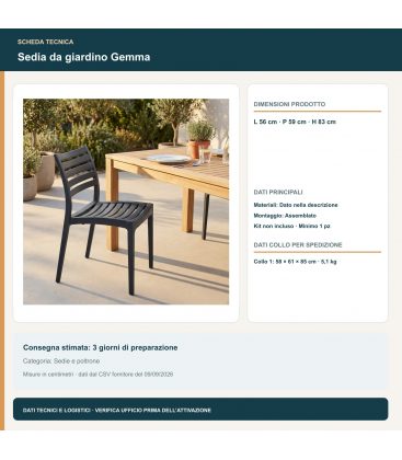 Sedia da giardino Gemma - misure e dati di spedizione