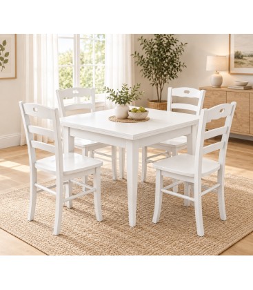 Set Tavolo quadrato allungabile + Sedie Rochelle seduta massello Bianco