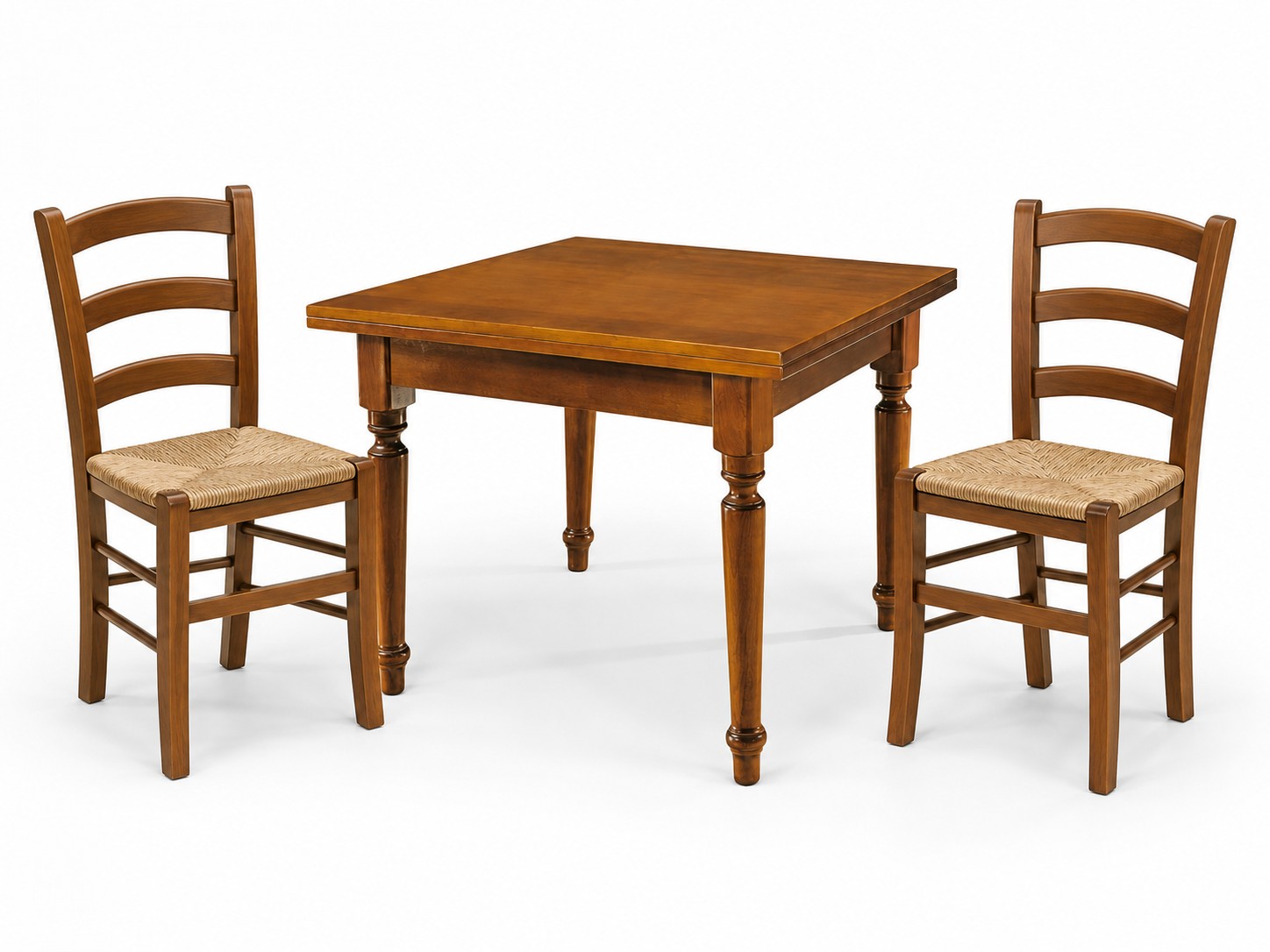 Set Tavolo quadrato allungabile piede tornito + Sedie Venezia seduta paglia Noce