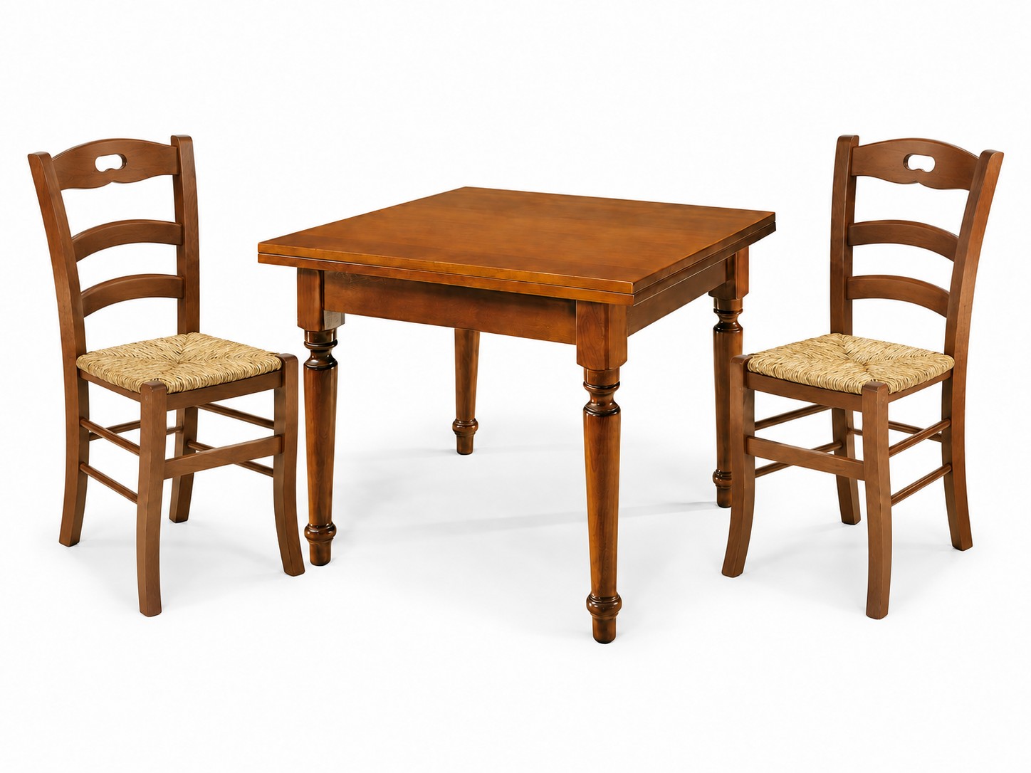 Set Tavolo quadrato allungabile piede tornito + Sedie Rochelle seduta paglia Noce