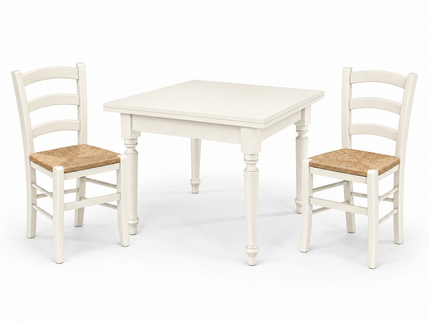 Set Tavolo quadrato allungabile piede tornito + Sedie Venezia seduta paglia Bianco