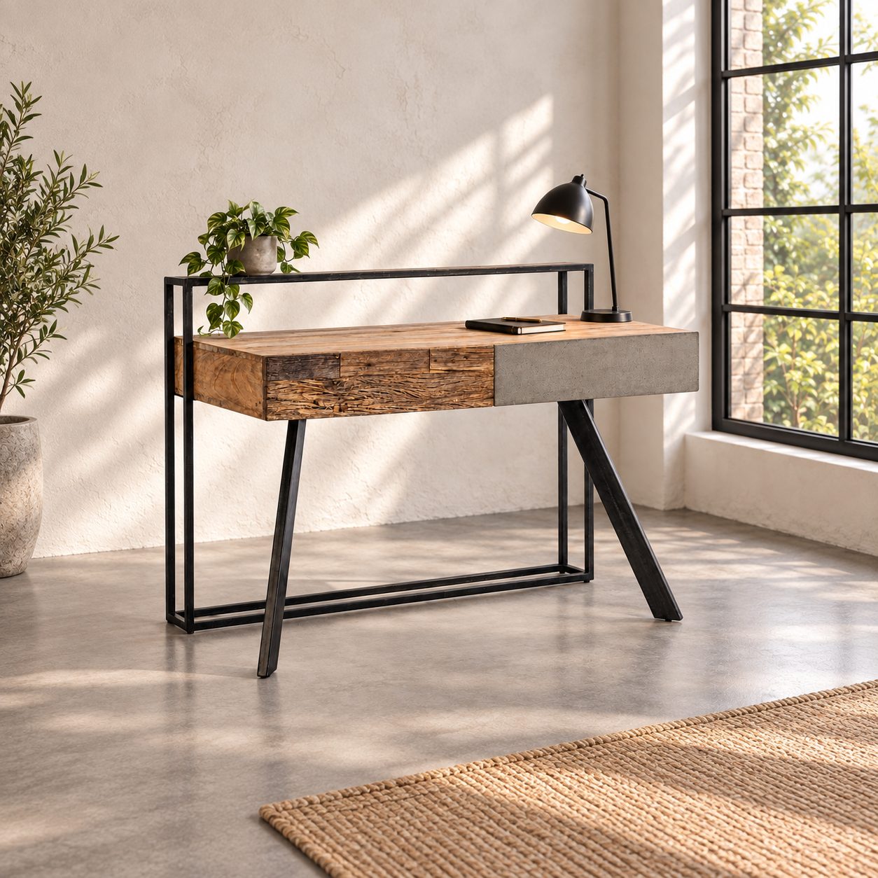 Scrivania Manchester con 2 cassetti, legno di mango e acciaio