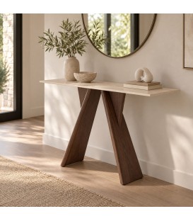 Consolle Maikki in gres effetto travertino e impiallacciatura noce