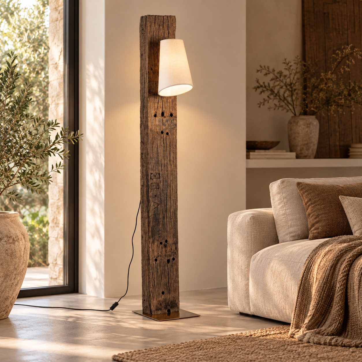 Piantana Cocoon ottone bianco H200 in teak riciclato