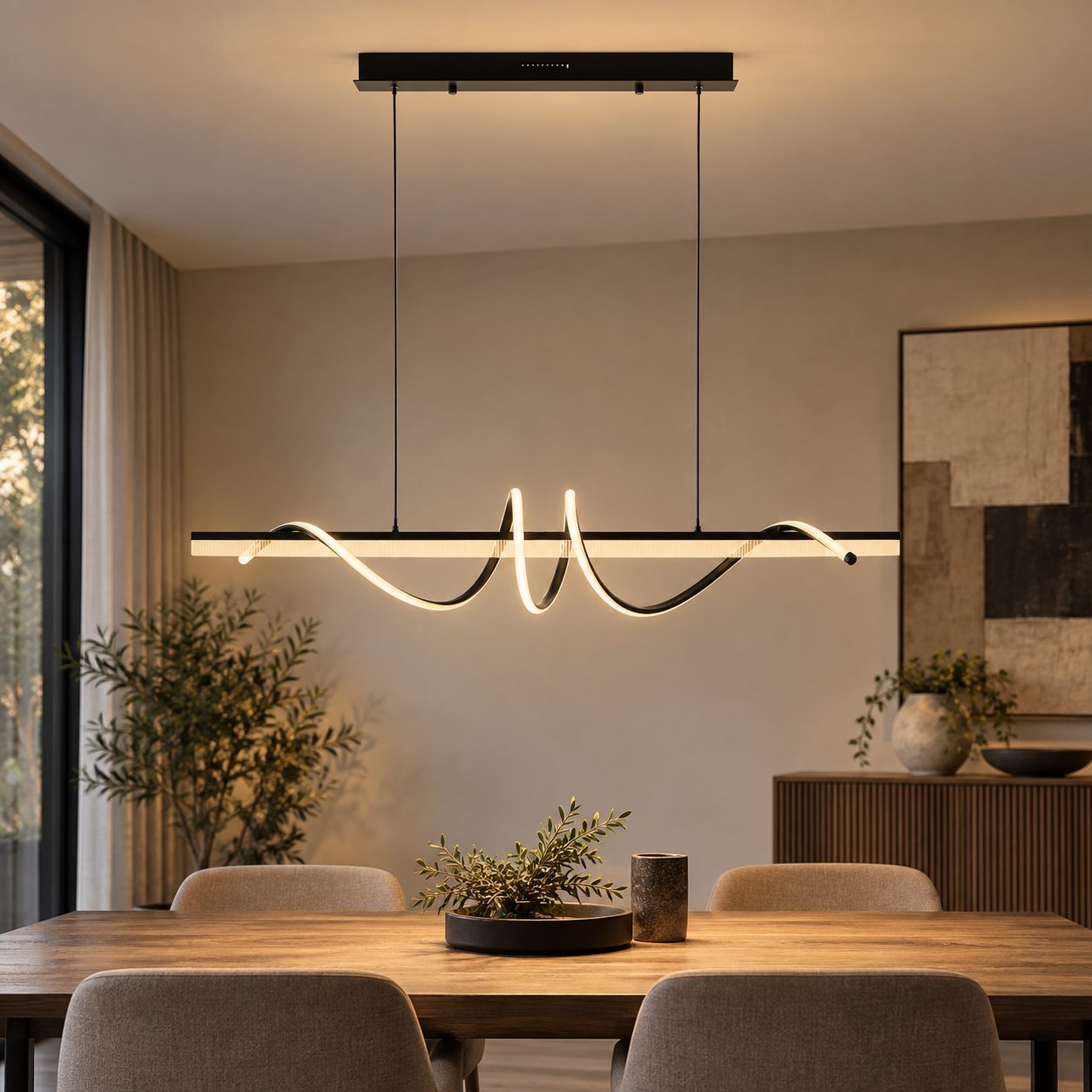Lampadario Alken nero 100x18 con LED integrato e profilo ondulato - Nero - vista ambientata alternativa