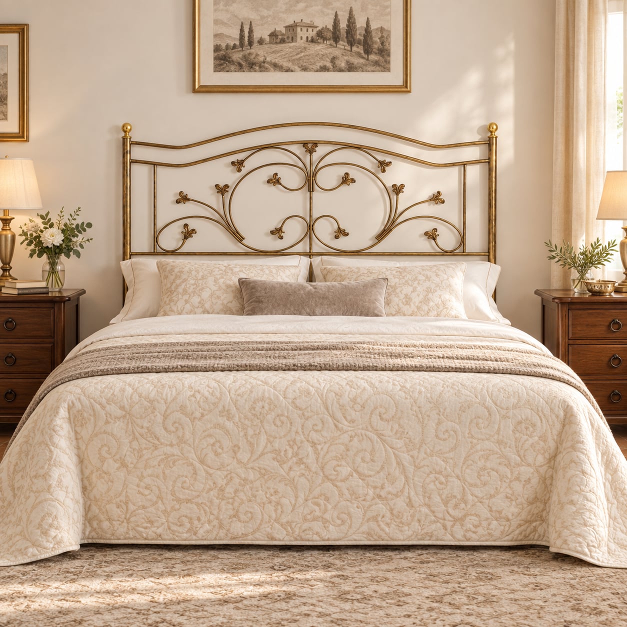Testata letto matrimoniale in ferro battuto Foglie - Bronzo - copertina ambientata