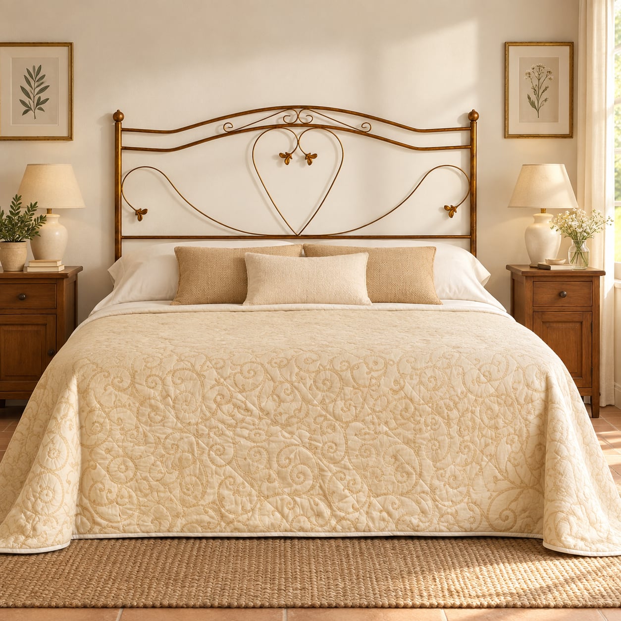 Testata letto matrimoniale in ferro battuto Cuore - Oro ducato - copertina ambientata