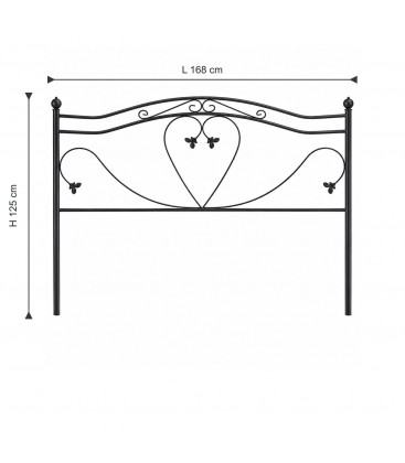 Testata letto matrimoniale in ferro battuto Cuore - Nero opaco - dimensioni L 168 × H 125 cm
