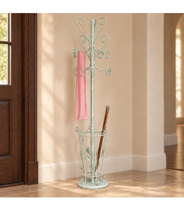 Appendiabiti con portaombrelli foglie in ferro battuto - Verde - Shabby Chic