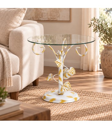 Tavolino da Salotto Tondo Foglie Sery - Bianco oro