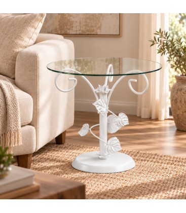 Tavolino da Salotto Tondo Foglie Sery - Bianco opaco