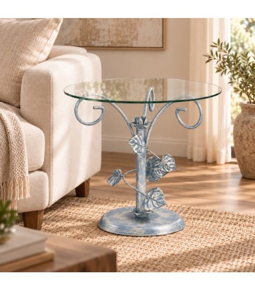 Tavolino da Salotto Tondo Foglie Sery - Azzurro Shabby Chic