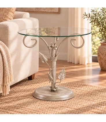 Tavolino Rotondo da salotto in Ferro Battuto Foglie - Tortora Shabby Chic