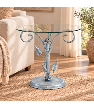 Tavolino Rotondo da salotto in Ferro Battuto Foglie - Azzurro Shabby Chic