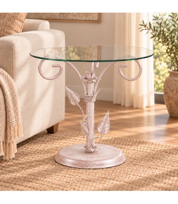 Tavolino Rotondo da salotto in Ferro Battuto Foglie - Rosa Shabby Chic