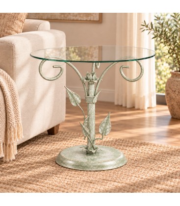 Tavolino Rotondo da salotto in Ferro Battuto Foglie - Verde Shabby Chic